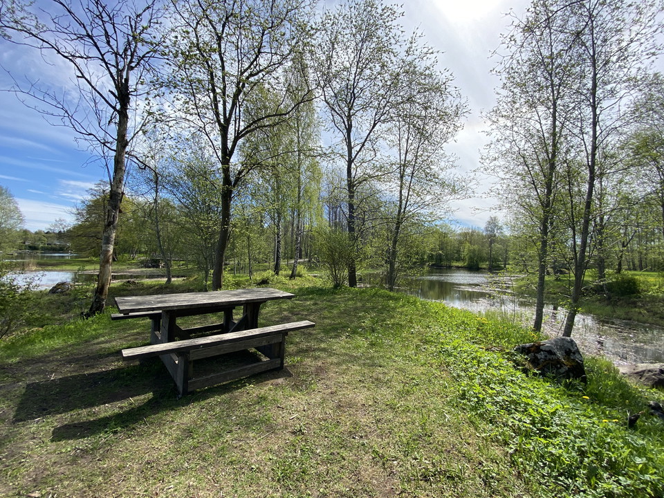 Ett rastbord står på en gräsyta intill ett vattendrag. 