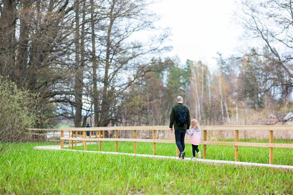 Två personer, en förälder och ett barn, vandrar på en vandringsled bestående av spångar. De håller varandra i händerna.