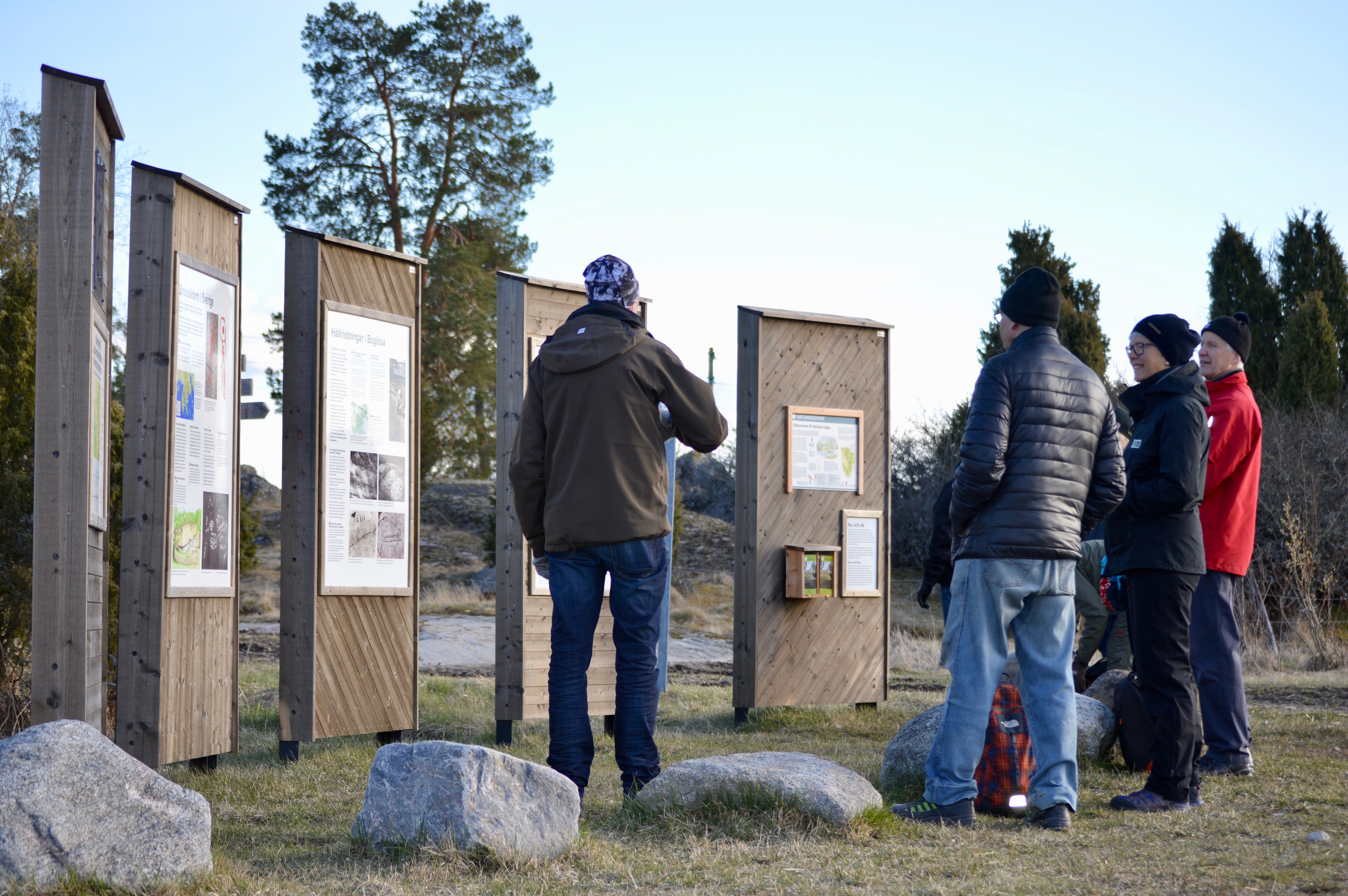 En grupp vuxna står framför fem informationstavlor i naturen. 