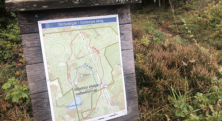 Precis intill parkeringen finns det ett skyltställ mnd en karta över reservatet där stigarna är utmärkta. 