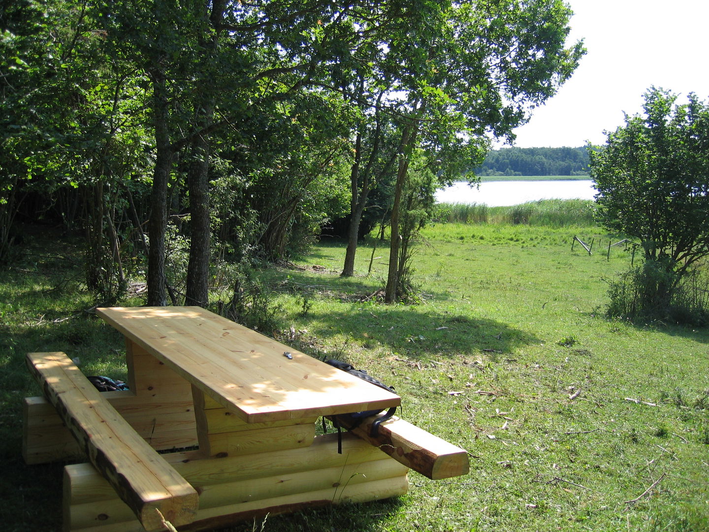 Ett bänkbord står på en öppen gräsyta. I bakgrunden skymtar en sjö fram.