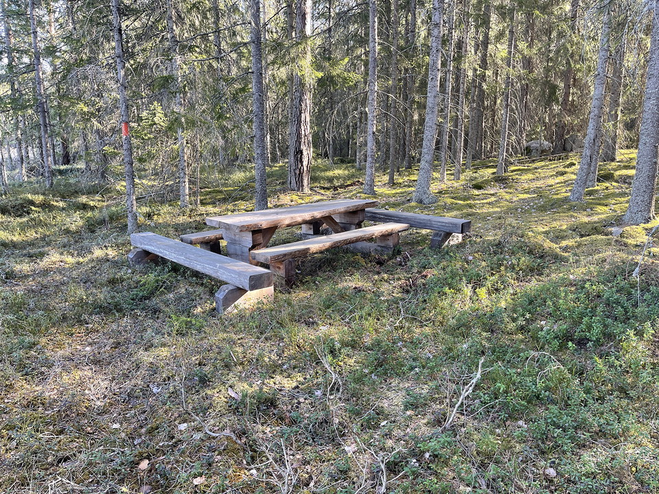 Ett picknickbord med bänkar runt om