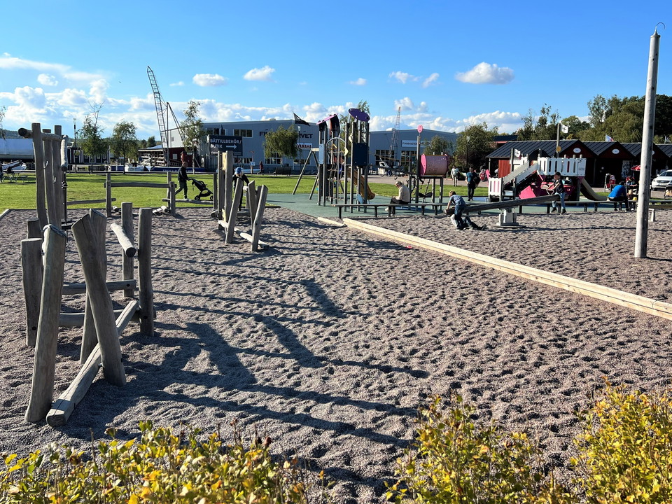 En lekplats med flera klätterställningar, gräsmatta i bakgrunden.