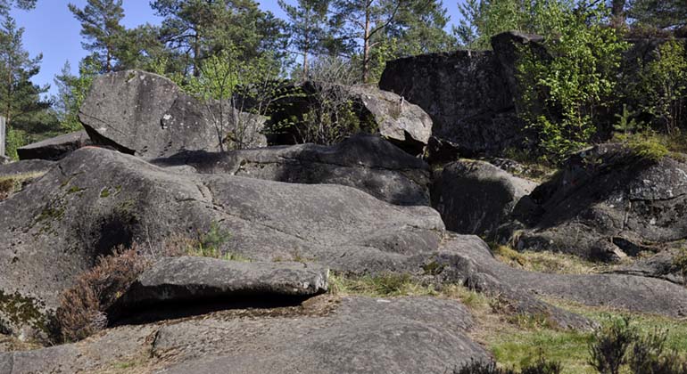 Hällar och block som formats av framforsande vatten, Sveafallen.