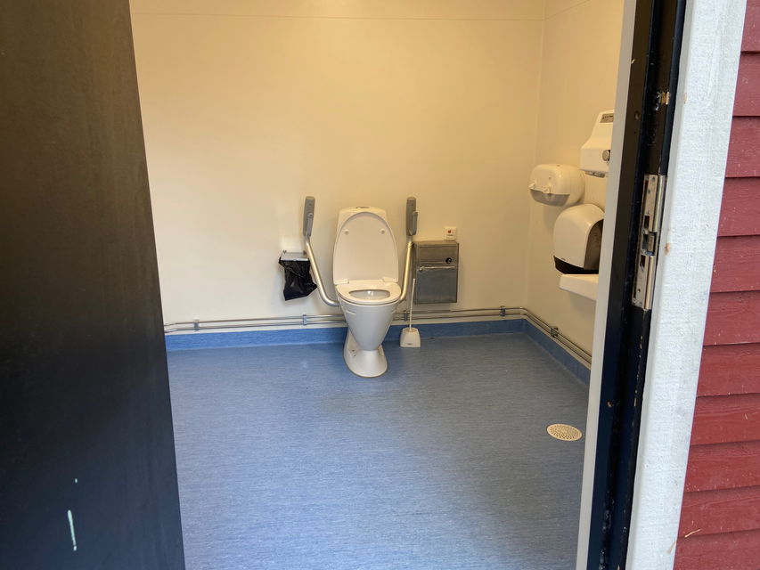 Ett rum med en toalett mitt i.