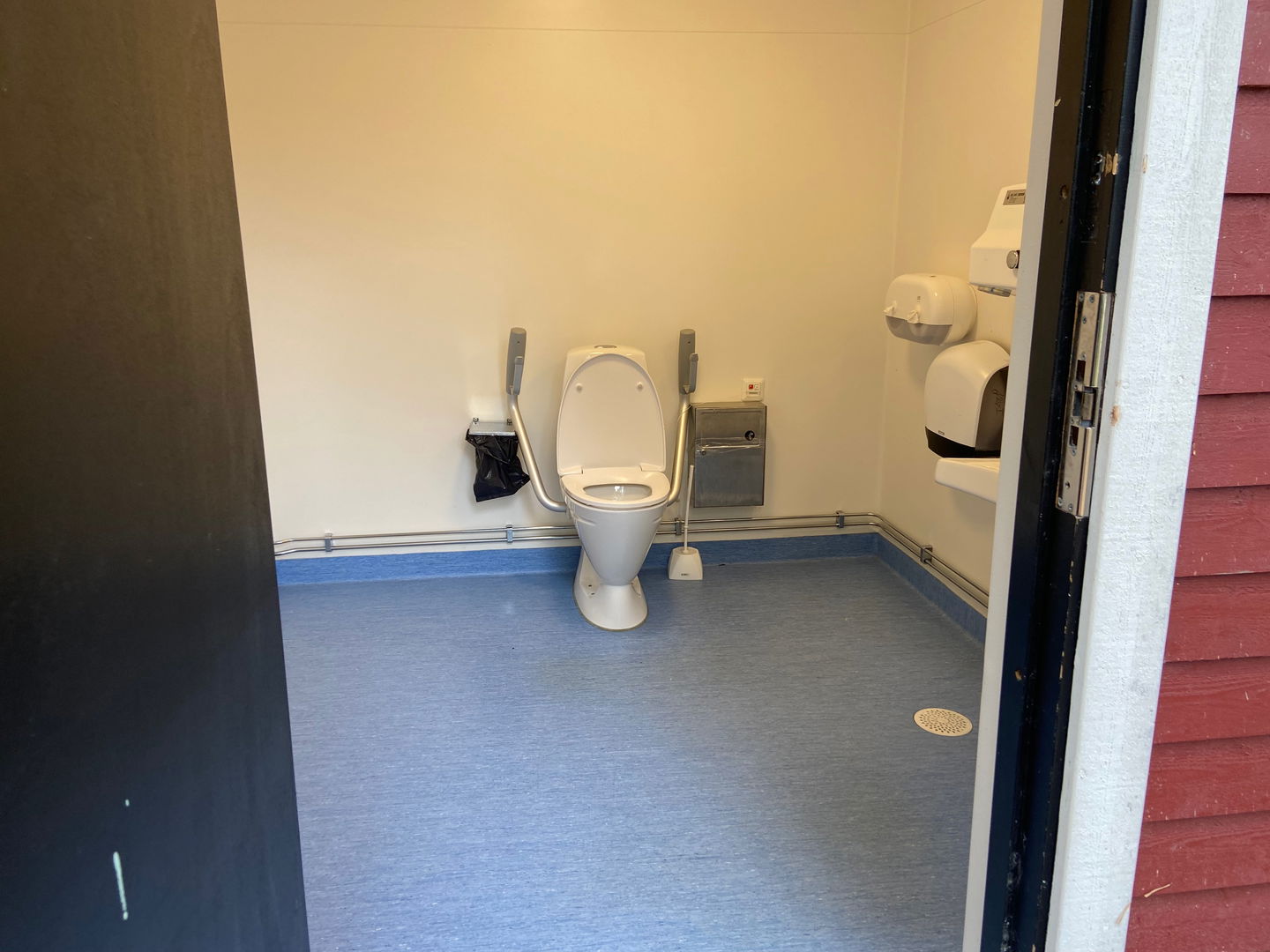 Ett rum med en toalett mitt i.