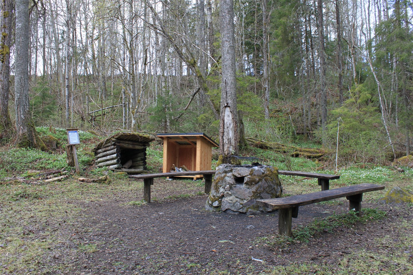 På en öppen yta i skogen står en grillplats med tre sittbänkar runtom. Bredvid finns mindre vedförråd och en informationsskylt. 