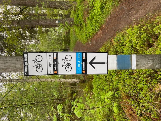 Bild på ledmarkering för vita och blå MTB spår