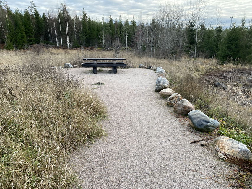 Hårdgjord stig, brunt gräs växer längs stigen och stenar placerade för att markera ena sidan av stigen.