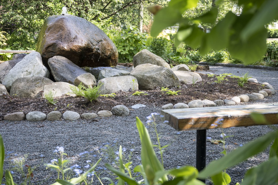 Växter, grusrondell, sten med fontän