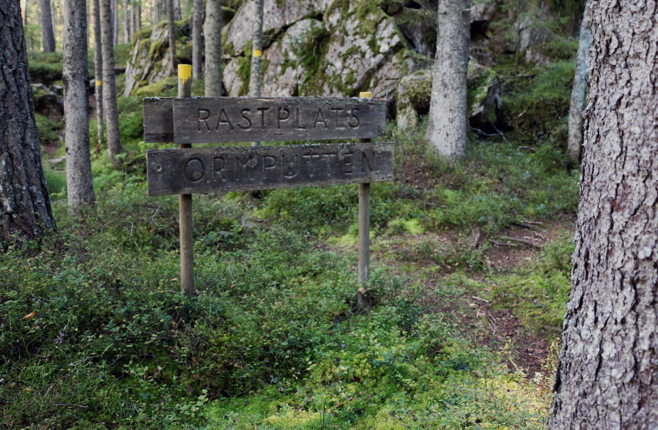 Två träskyltar med texten: Rastplats Ormputten.