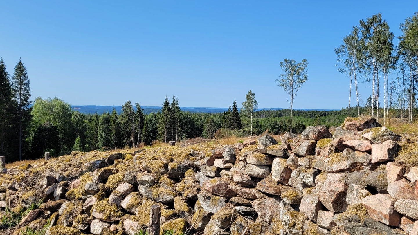 Högt belägen stenmur med vy över skogklädda höjder.