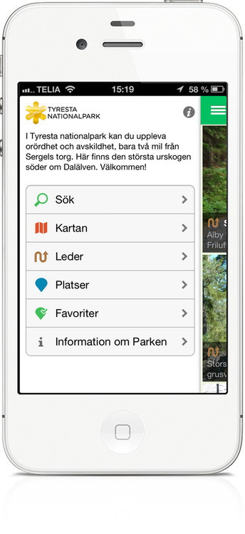 Tyresta för iPhone, baserad på Naturkartan