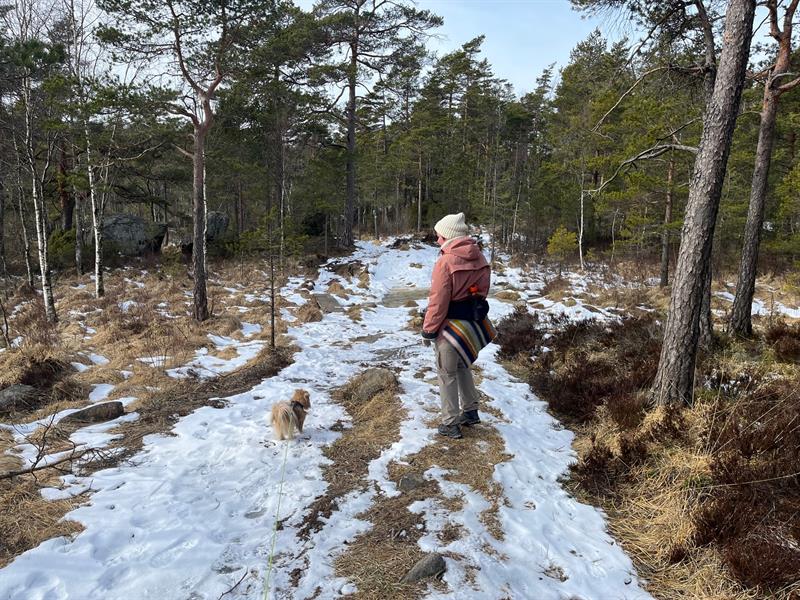 Turgåer med hund i skogen