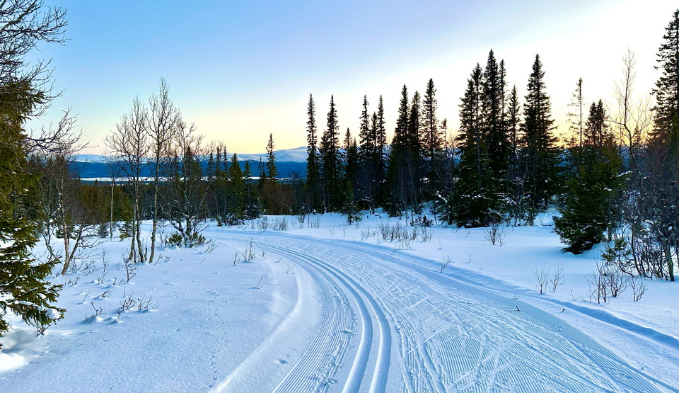 Längdspår och utsikt över fjäll