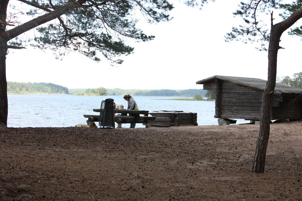 Ett vindskydd med eldstad och bänkbord i ett skogsbryn. Vindskyddet ligger vid älvkanten.