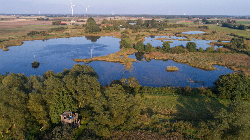 Drönarvy över Hercules dammar med fågeltornet i förgrunden.