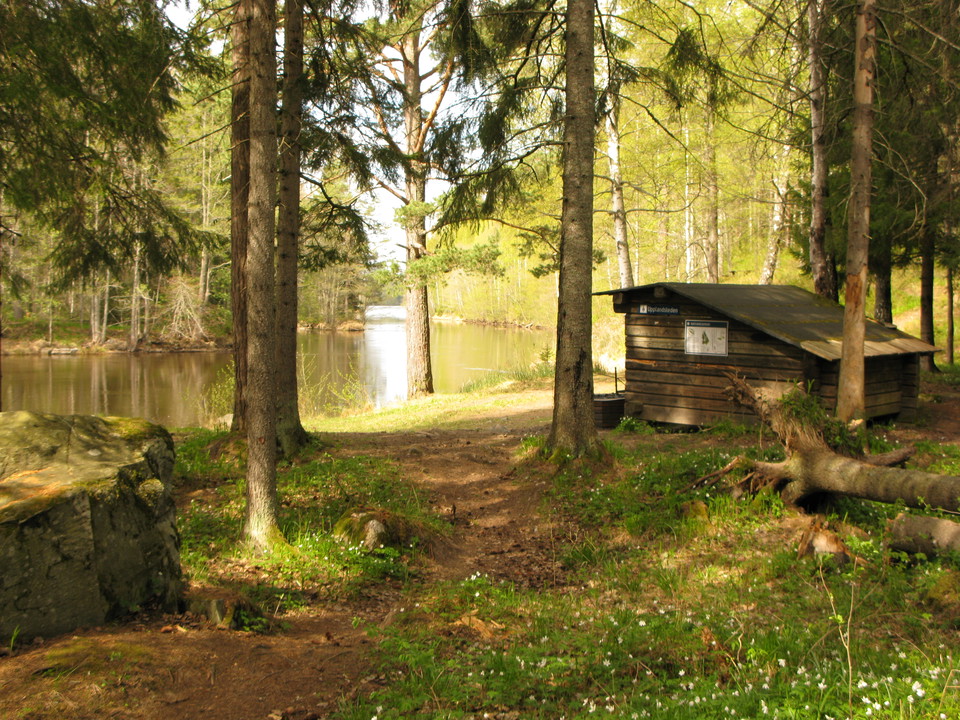 En skogsstig leder fram till en öppen rastplats vid en älv. På rastplatsen står ett vindskydd bland några trädstammar.