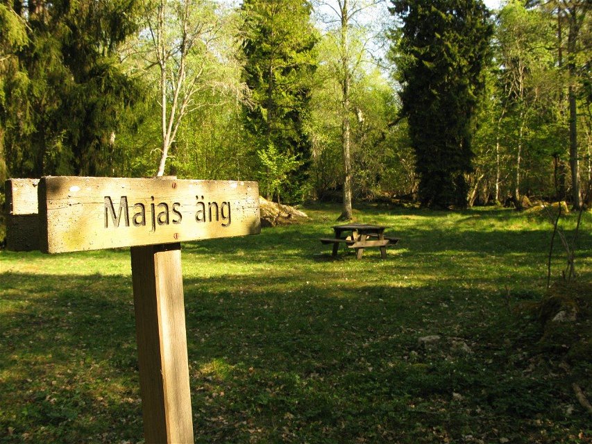 Närbild på en träskylt med texten "Majas äng". I bakgrunden är det en äng med bänkbord och träd runtom.