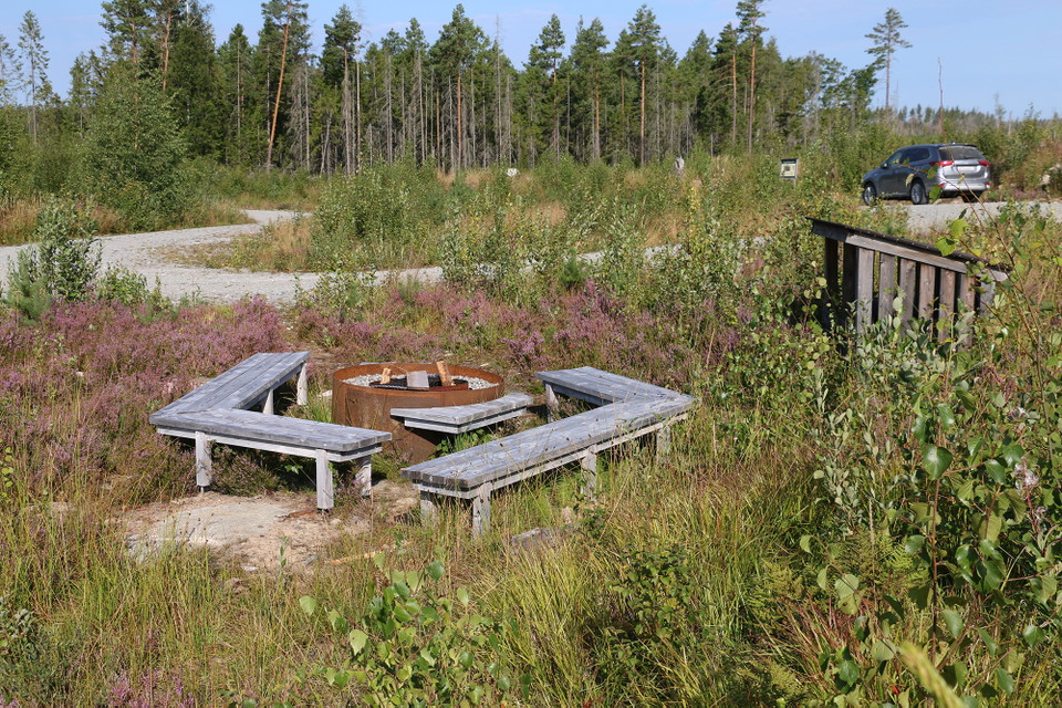 Rund grill omgiven av två bänkar bland blommande ljung. I bakgrunden en silverfärgad Suv.