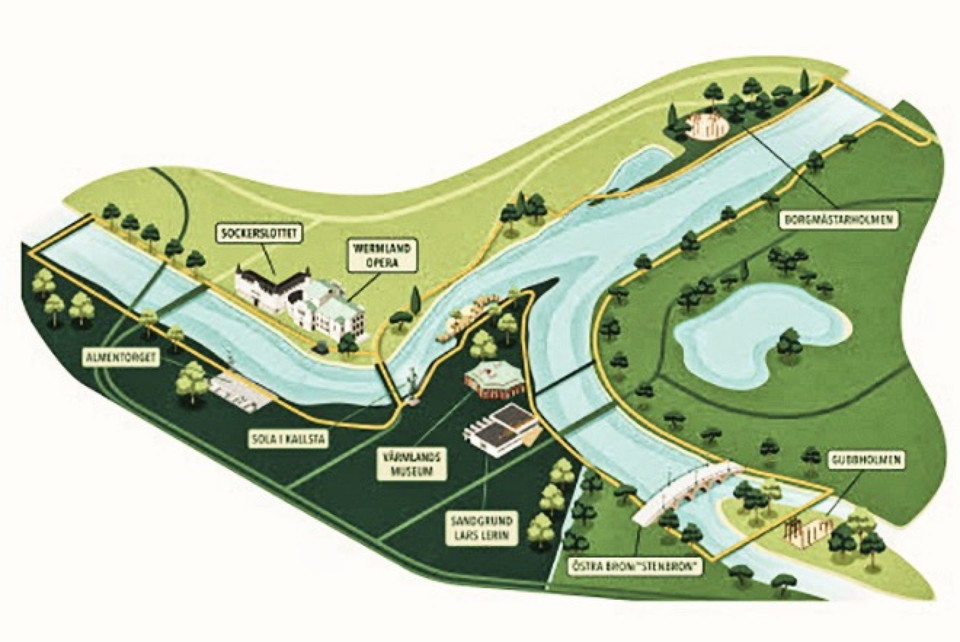 Karta över Solapromenaden och olika sevärdheter i Karlstad.