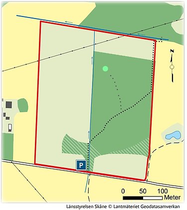 Följ den svartprickade Kyrkstigen från parkeringen (P). Vik in till vänster på gråprickad stig som leder fram till gläntan med sumpviol (stor ljusgrön prick). 