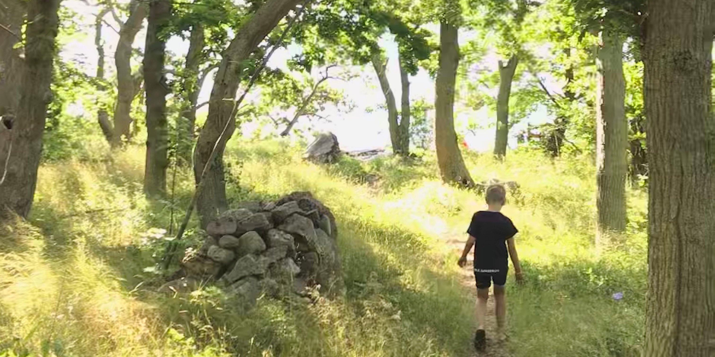pojke går på stig genom skog