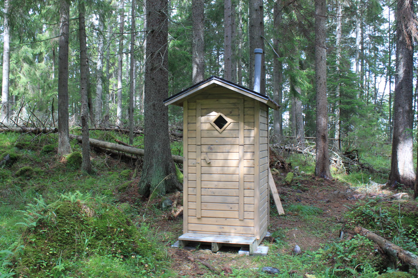 Ett smalt, litet skjul med en skorsten står i skogen.