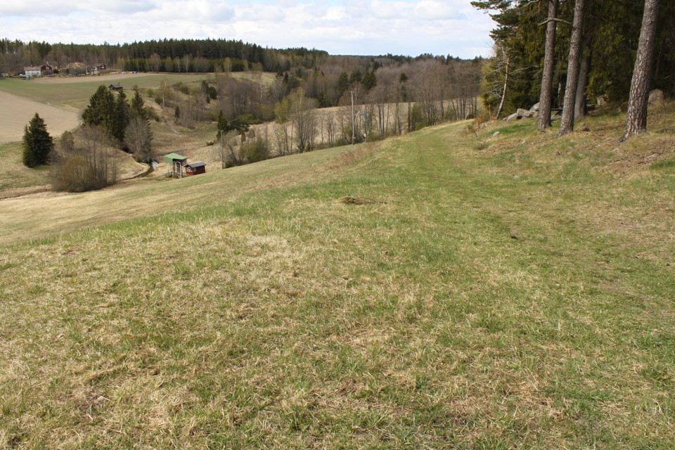 En hög, brant gräsbacke med skog i utkanterna. Nedanför backen är det öppet jordbrukslandskap och flera hus.