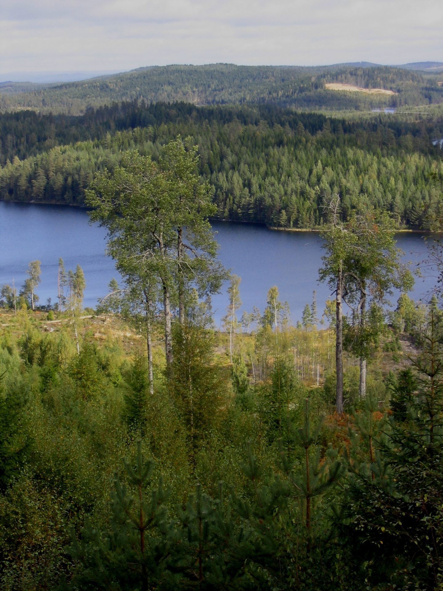 Vy över sjö och berg från Segeltorpshöjden i Lönnskog