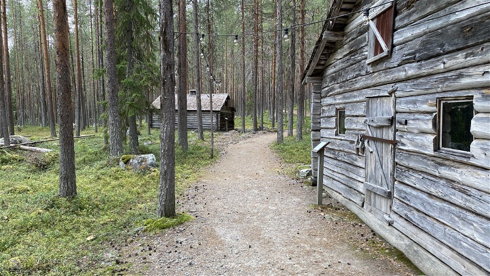 En stig mellan träbyggnader i skogen.