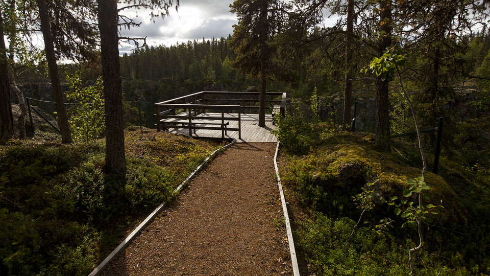 Grusad led i skog,  fram till ett trädäck med utsikt. 