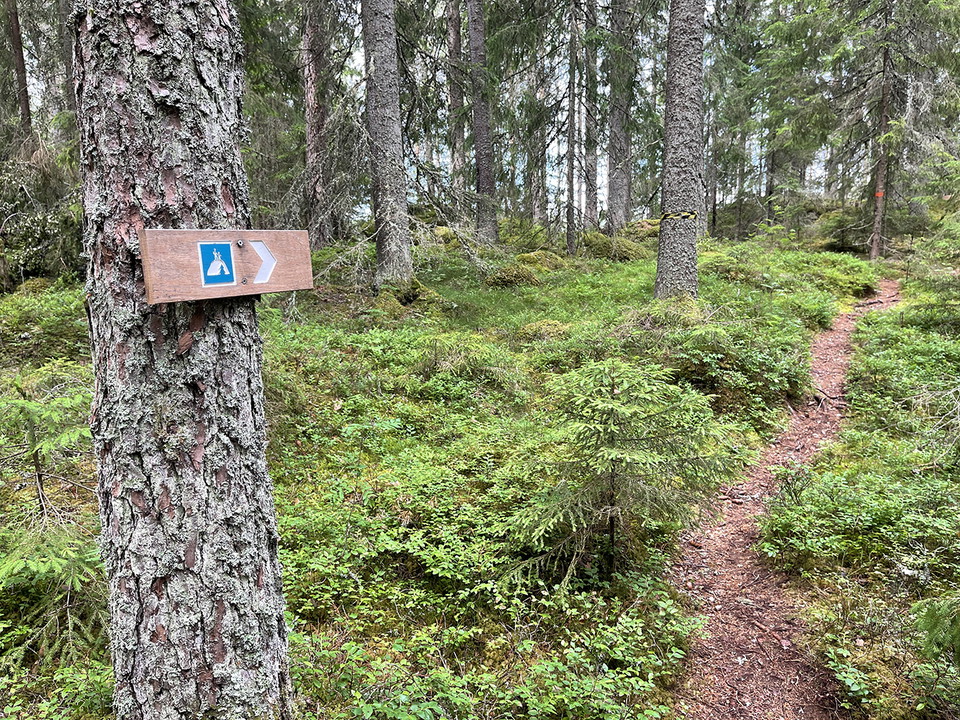 Skylt med pil och symbol för rastplats. 