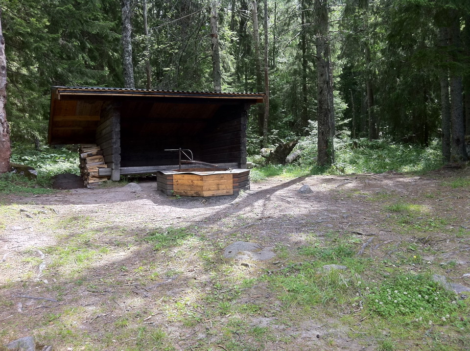 På en ojämn, öppen yta i skogen står ett vindskyddet. Framför vindskyddet står en grillplats med grillgaller.