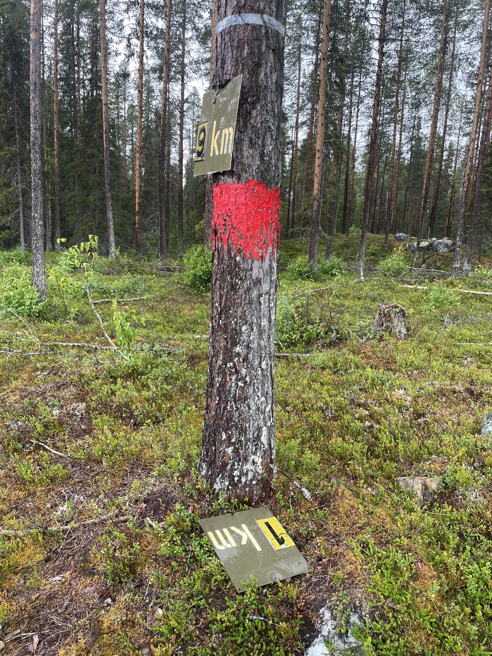 Kilometerskyltar finns längs stigen.