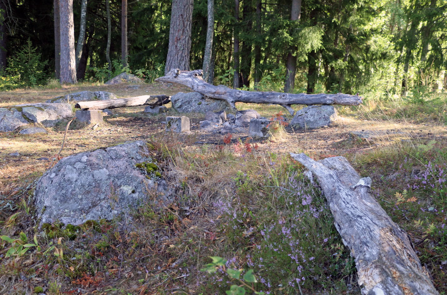 En liten eldstad och några bänkar att sitta på vid strandkanten.