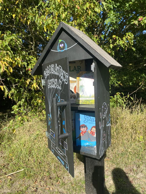 Låna gärna en bok och slå er ner i sagogläntan. 