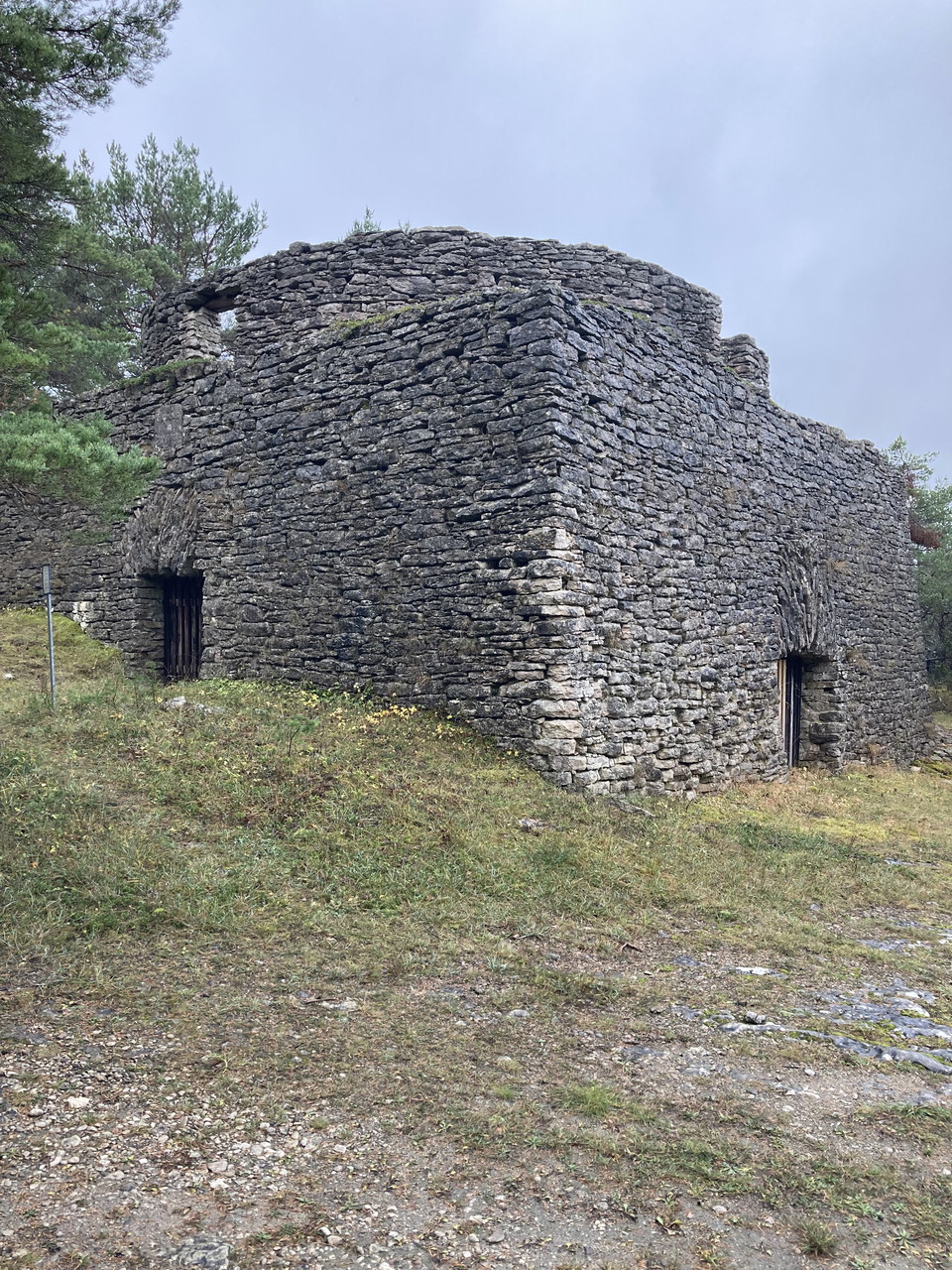En stenruin av ett större hus i skogsmiljö
