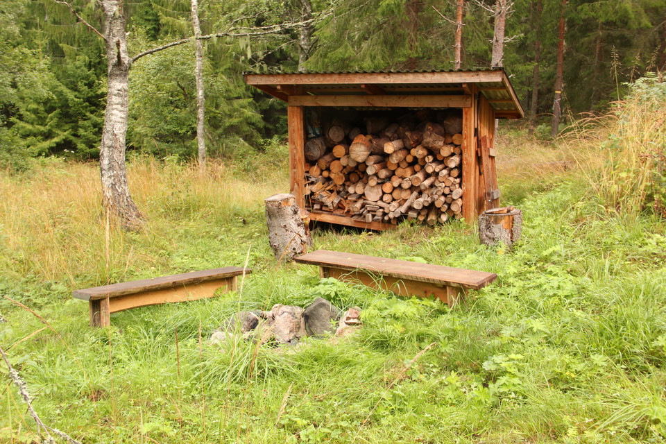 Eldstad, två bänkar och vedförråd