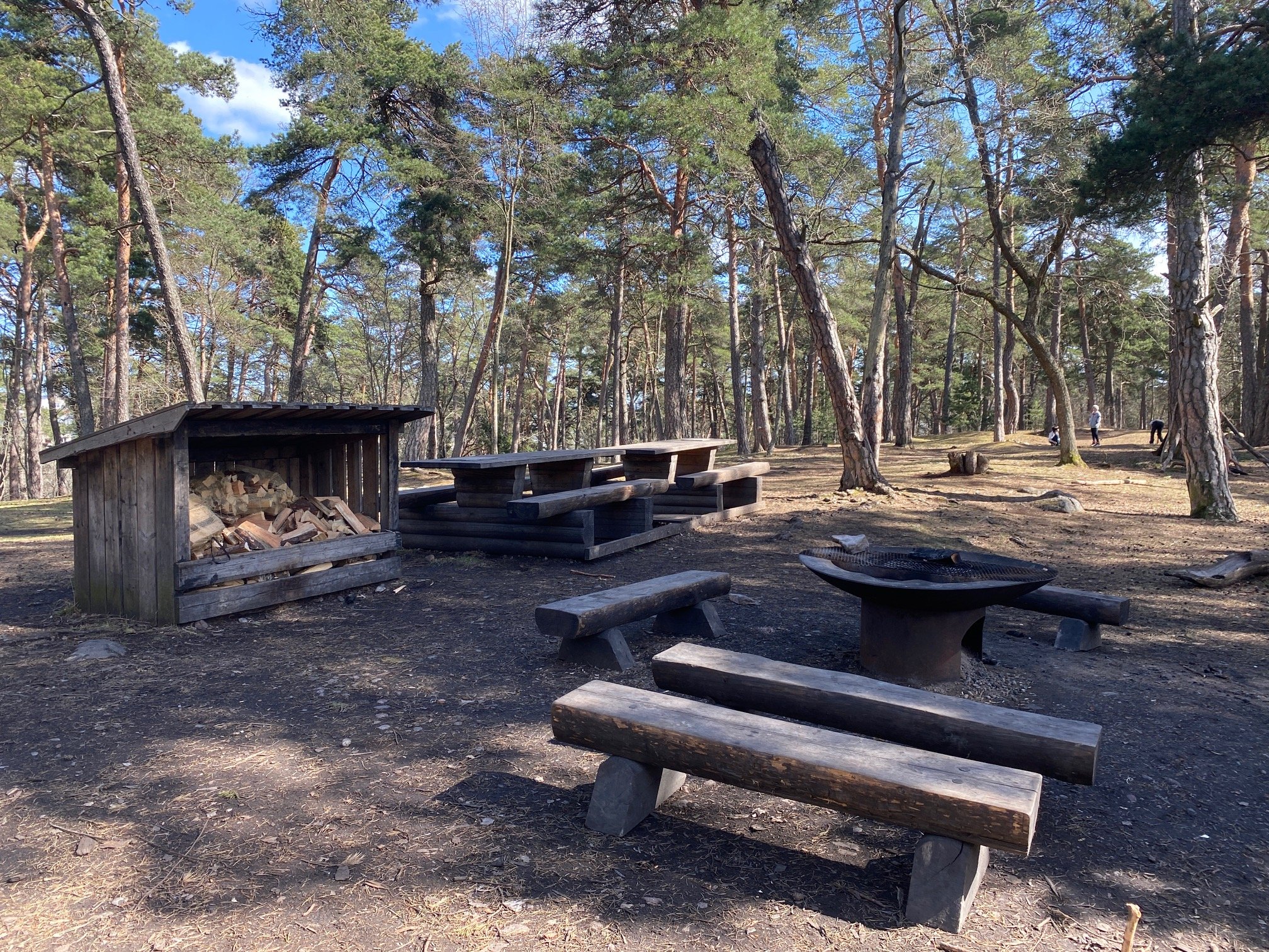 På en öppen yta i skogen står en grillplats med flera sittbänkar. Runtom grillplatsen finns flera bänkbord och ett vedförråd.
