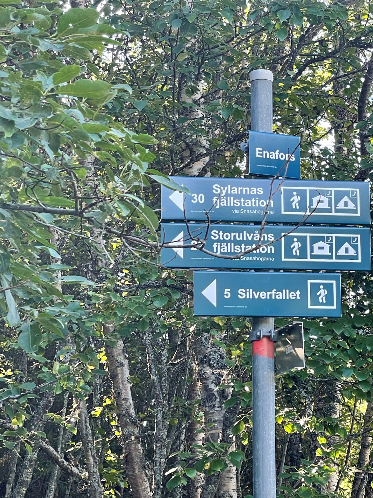 Närbild på blå och ledskyltar som visar riktning mot Sylarna, Silverfallet ochet
