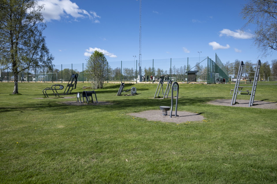 Redskap utegym, gräsmatta, träd