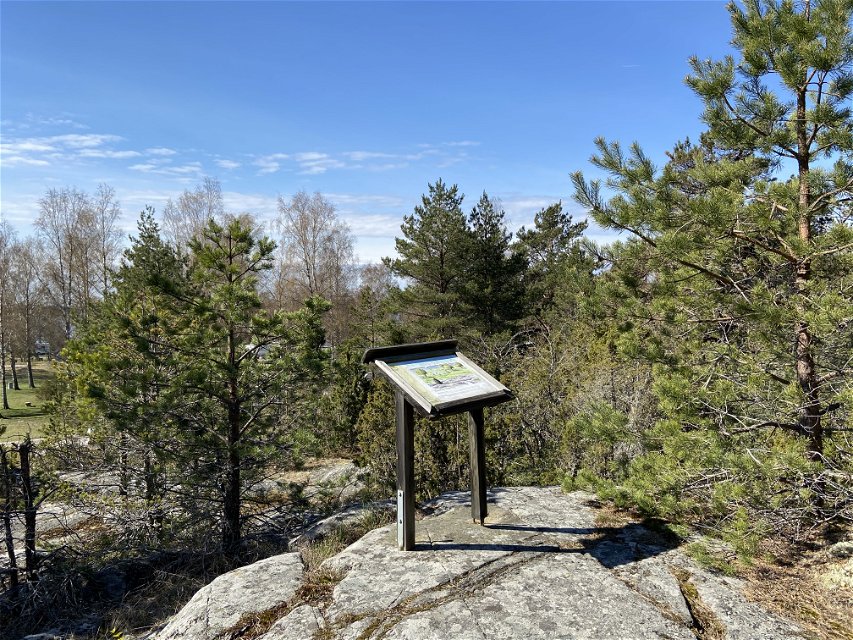 Uppe på höjd på en bergshäll står en informationsskylt. Från platsen har man utsikt över hagmark och träd.