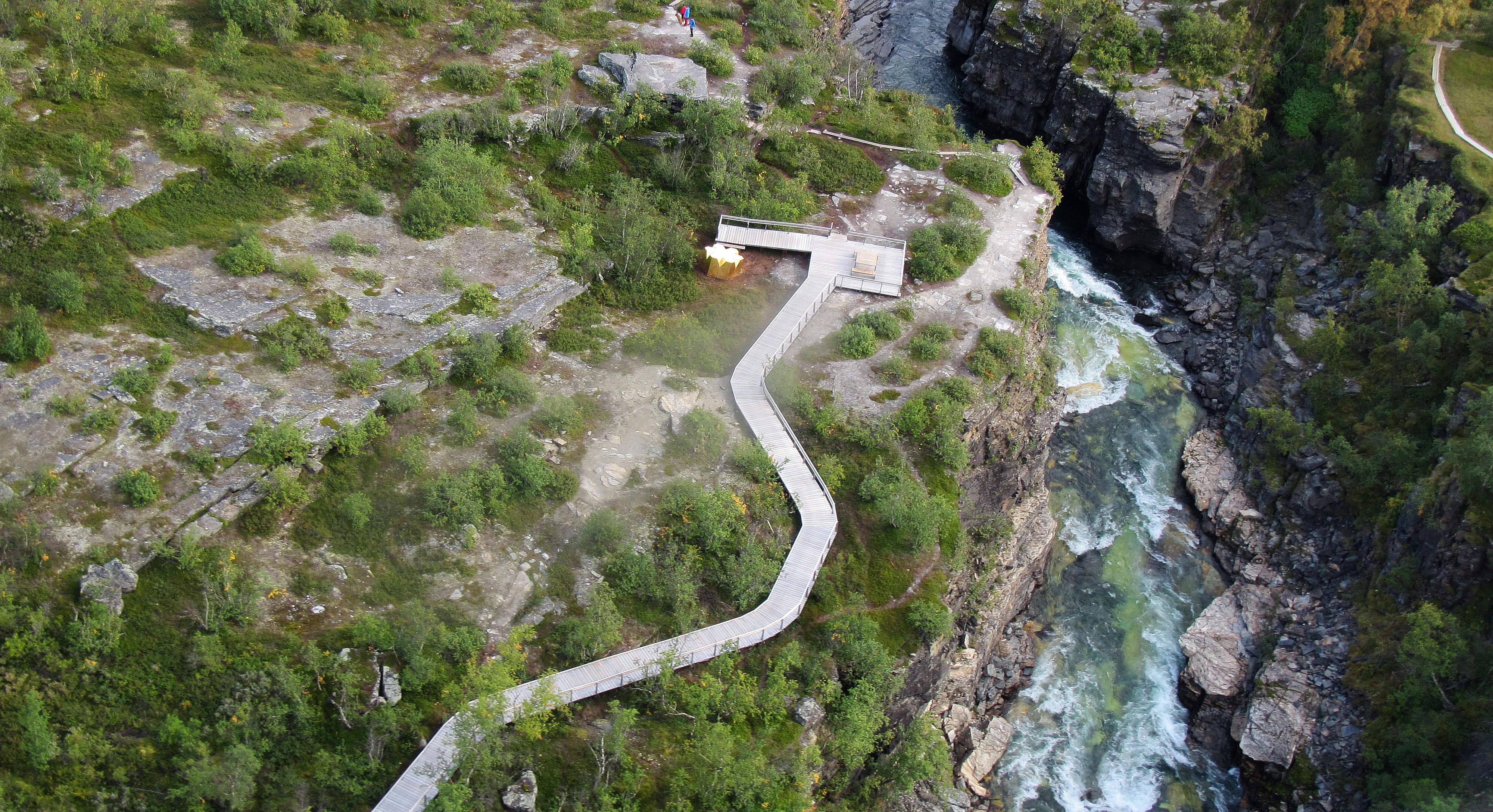 Aerial photo over the wooden deck and the canyon.