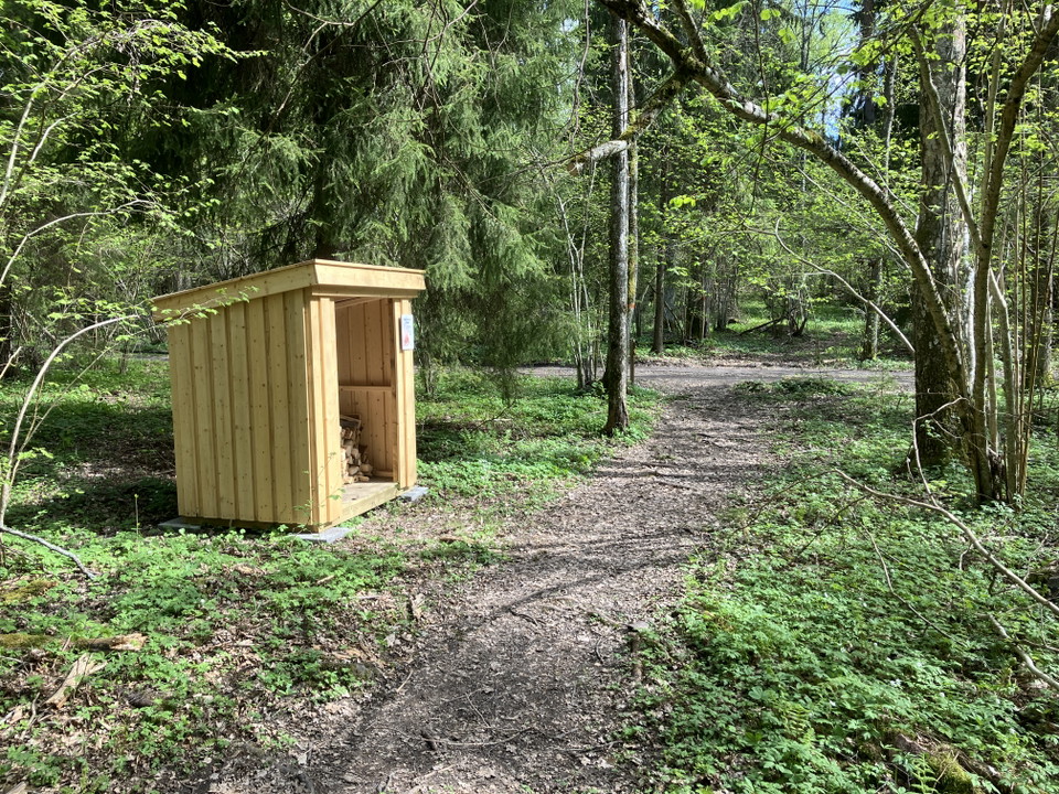 Vedförråd vid stig.