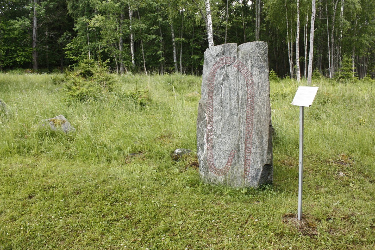 En runsten står på gräsmark med en informationsskylt bredvid.