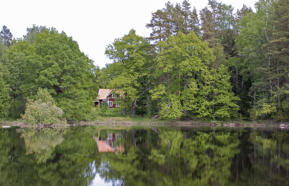 Ett litet torp står vid vattnet. Det växer många frodigt gröna träd runtom torpet. 
