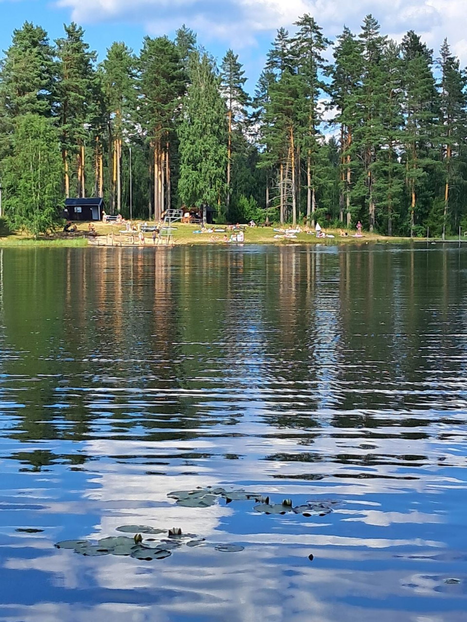 Ett vattendrag med träd och en liten strand.