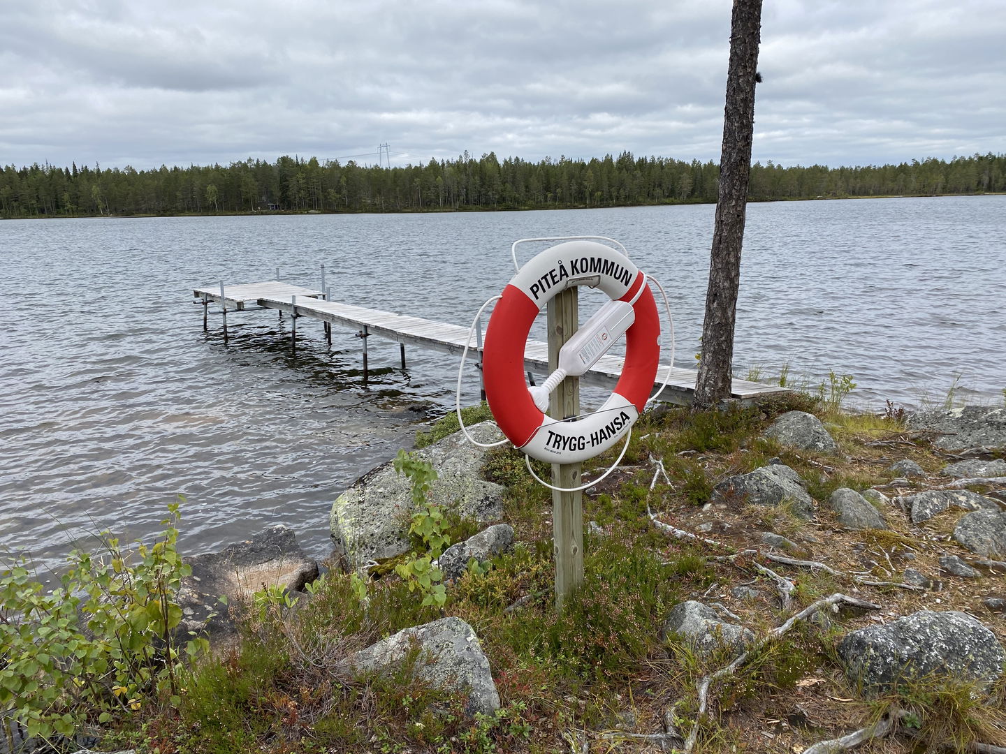 En enkel träbrygga ut i en sjö med en livboj intill.