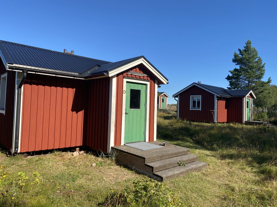 Röda stugor med grön dörr på gräsmark.